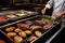 chef checking ribeye steaks readiness on stovetop grill