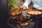 The chef checks the meat on the grill. Grilled golden ribs steaks, delicious food