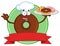 Chef Chocolate Donut Cartoon Character Serving Donuts Circle Label.