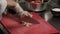 Chef chopping onion finely, close up