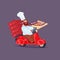 Chef Cook Riding Red Motor Bike Fast Pizza Delivery Concept