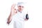 Chef or cook showing perfect gesture while holding an eggplant