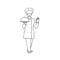 Chef cook woman in professional uniform with dish in hand showing thumbs OK sign. Line art style character vector black