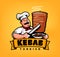 Chef cooking kebab. Arabic cuisine logo. Fast food menu emblem
