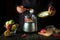 The chef cooks a refreshing drink from fresh fruits in an electric blender. The cook adds sugar to the mixer with a spoon. Menu