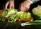 The chef cuts fresh green cabbage on a cutting board with a knife. Close-up of a cook hands while working on a kitchen table.