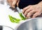 Chef cuts the vegetables cooking in a kitchen, hands slicing vegetables, preparing vegetables