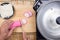 Chef cutting kamaboko Japanese fish cake