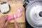 Chef cutting kamaboko Japanese fish cake