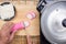 Chef cutting kamaboko Japanese fish cake