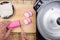 Chef cutting kamaboko Japanese fish cake