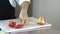 Chef cutting peppers for salad