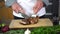 Chef cutting roasted meat