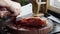 A chef is cutting a whole delicious Cantonese roast duck