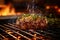 A chef expertly grilling a succulent steak over an open flame, with sizzling sparks and mouthwatering grill marks, representing