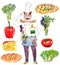Chef general with food set watercolor illustration