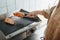 Chef grills chicken for fresh lunch in a cafe