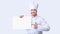 Chef Guy Holding Blank Poster Pointing Finger On White Background