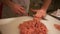 Chef hands Cutting Chicken Fillet. Close up. HD