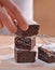 Chef hands preparing and slicing fresh brownies