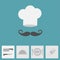 Chef hat with moustache. Icon set. Silver platter cloche, knife, fish plate, fork, salt shaker. Menu card. Flat design. Blue backg