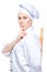 the chef hides the rolling pin behind his back and shows a finger gesture quieter, a portrait on a white background