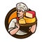 Chef holding a tray of cheese. Food, eating concept. Vector illustration