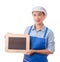 Chef, housewife showing blank menu sign blackboard or blank sign