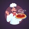 Chef of Italian appearance and steaming pizza. Vector illustration.