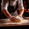 The chef kneads the dough. Making dough with your hands in a bakery. Generative AI