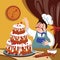 Chef is Making Cake in the Furnace. Cartoon baker with a big cake. Fat cartoon chef Vector illustration