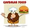 Chef Male Caveman Cartoon Mascot Character Holding A Big Burger And Gesturing Ok