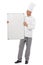 Chef man with board isolated on a white background for empty menu, design mockup and career services. Professional