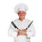 Chef man holding two knifes.