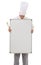 Chef man with mockup board isolated on a white background for empty menu and culinary career services. Professional