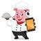 Chef pig cartoon mascot holding phone and food tray