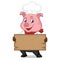 Chef pig cartoon mascot holding wooden plank
