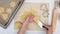 Chef placing cookies on baking sheet. Shortbread cookies with raspberry jam step by step baking process