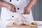 Chef prepared chopping raw chicken