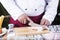 Chef prepared cutting chicken before cooking