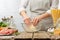 The chef prepares making baking dough  italian pasta or focache or bread