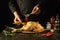 The chef prepares raw chicken in the kitchen. The cook adds paprika to rooster before frying. Preparing to fry fried chicken