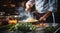 chef preparing food, close-up of chef cooking meat in the kitchen, chef cooking delicious foods in the kitchen, man in the kitchen