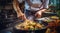 chef preparing food, close-up of chef cooking meat in the kitchen, chef cooking delicious foods in the kitchen, man in the kitchen