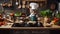 chef preparing food A humorous scene of a kitten with a tiny chef hat and apron, cooking in a miniature kitchen,