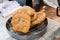 Chef preparing fried churros or donuts and pancakes during brunch buffet in the garden. Food Buffet Brunch Catering Dining Eating