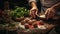 Chef preparing homemade meatballs with fresh ingredients on rustic wooden table