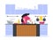 Chef preparing lunch order in cafe vector cartoon illustration. Female character in red uniform laying eggs and bacon on