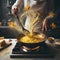 chef preparing northern italy rice creamy risotto with saffron , broth, butter and parmesan cheese