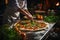 Chef preparing pizza with tomatoes and basil on a wooden board. ia generative